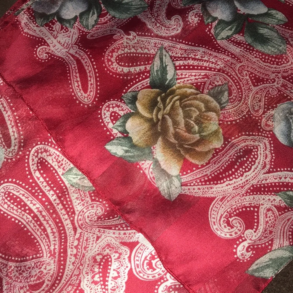 Kathie Lee Vintage Beautiful Long Red Paisley Scarf with Gold Silver and White